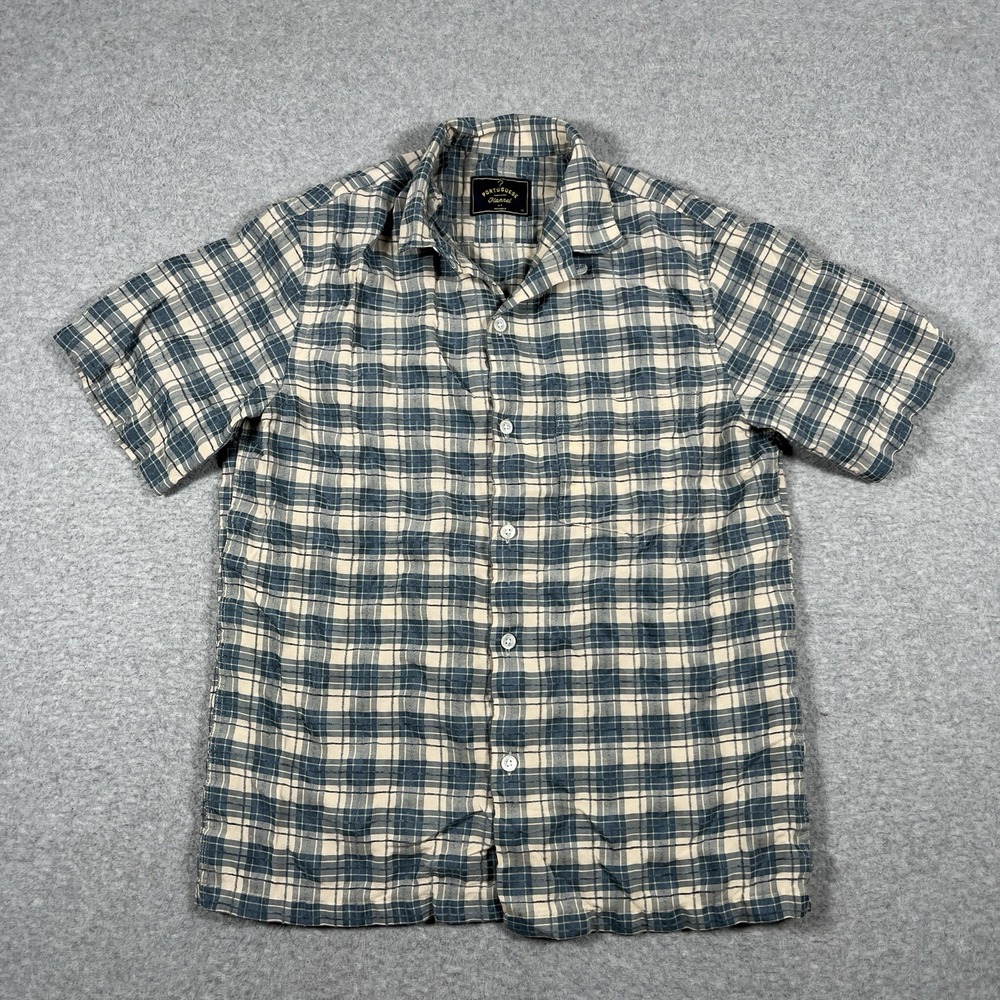 Portuguese Flannel Shirt Mens Medium Blue Plaid Button Up Viscose Rayon Blend